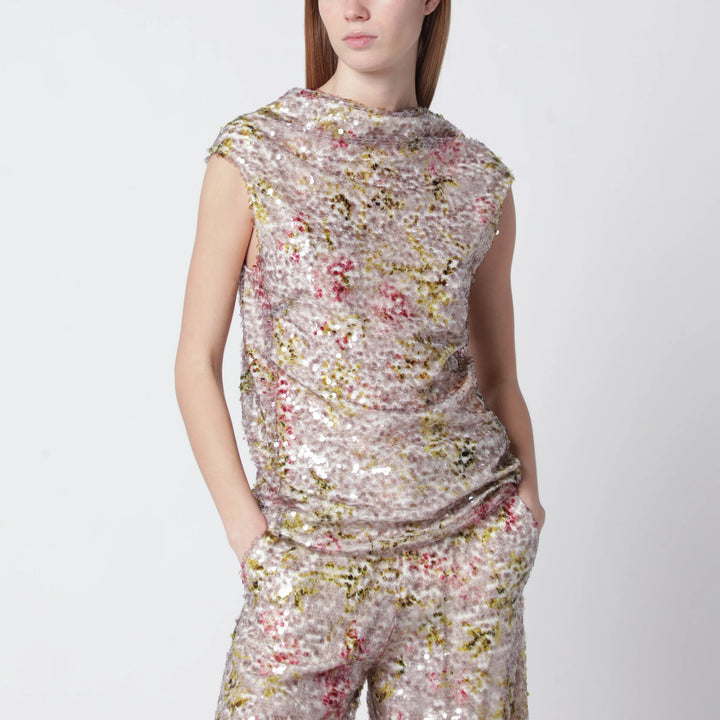 Alberta Ferretti - Sleeveless high-neck top with a floral sequin pattern