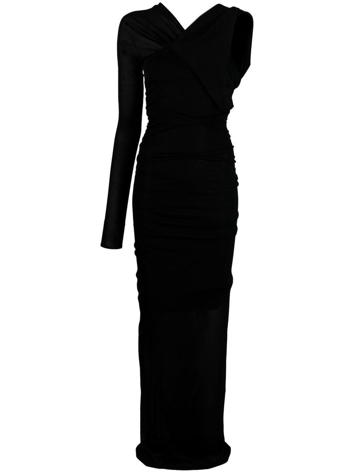 Saint Laurent Black One-Sleeve Draped Long Dress