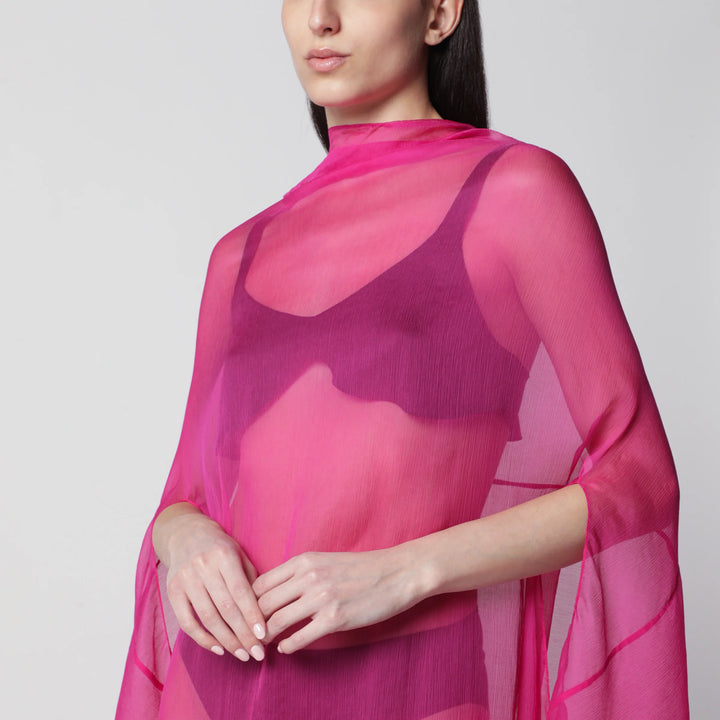 Dries Van Noten - Wide Cape Dress Fuchsia in Sheer Silk