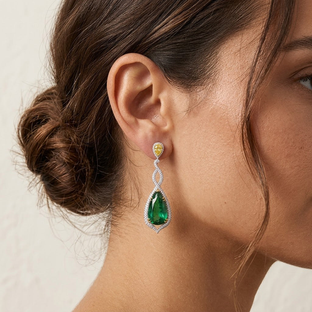 LEIBISH 15.17ct Zambian Emerald &amp; Canary Yellow Diamond Earrings