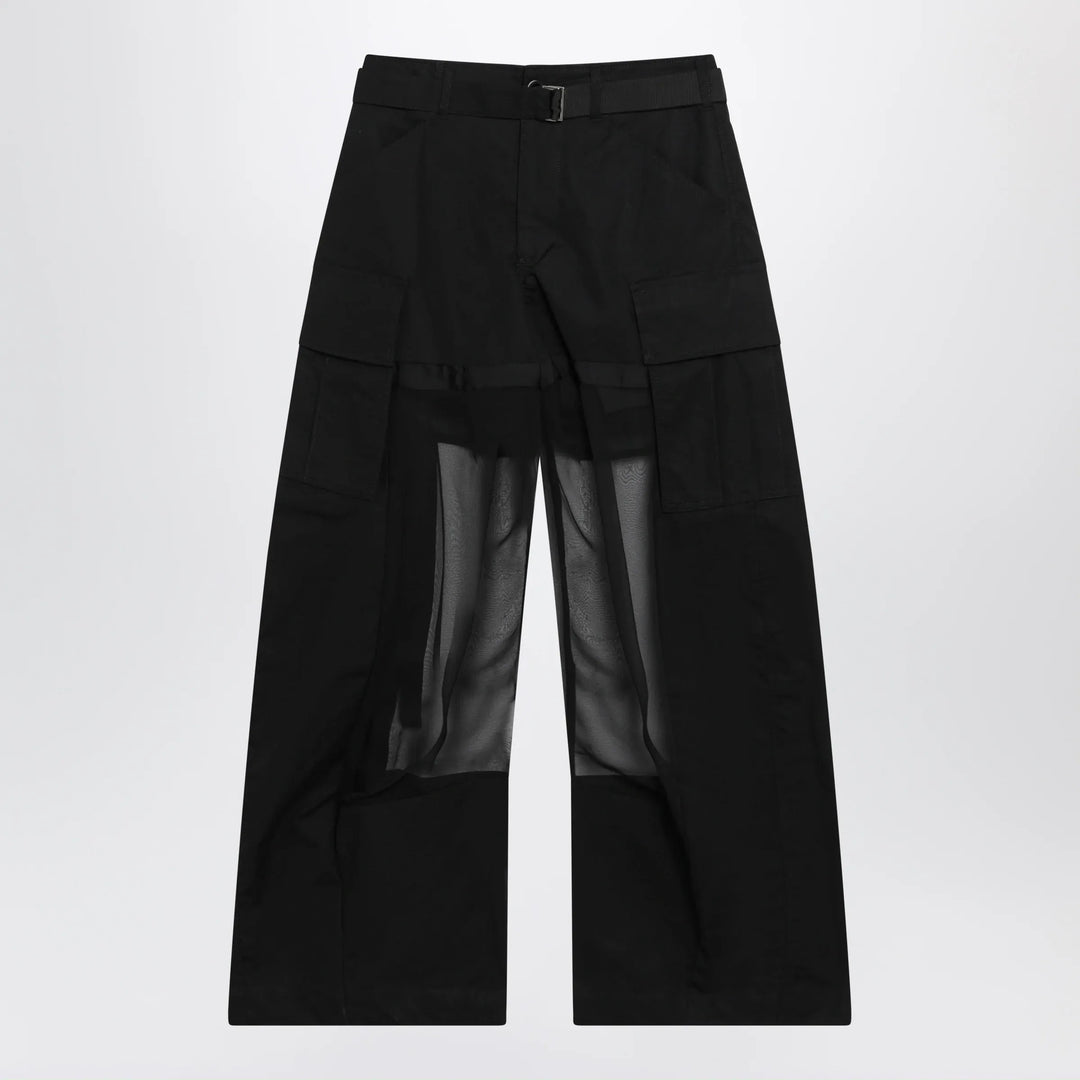 Sacai - Black cargo trousers with semi-sheer insert