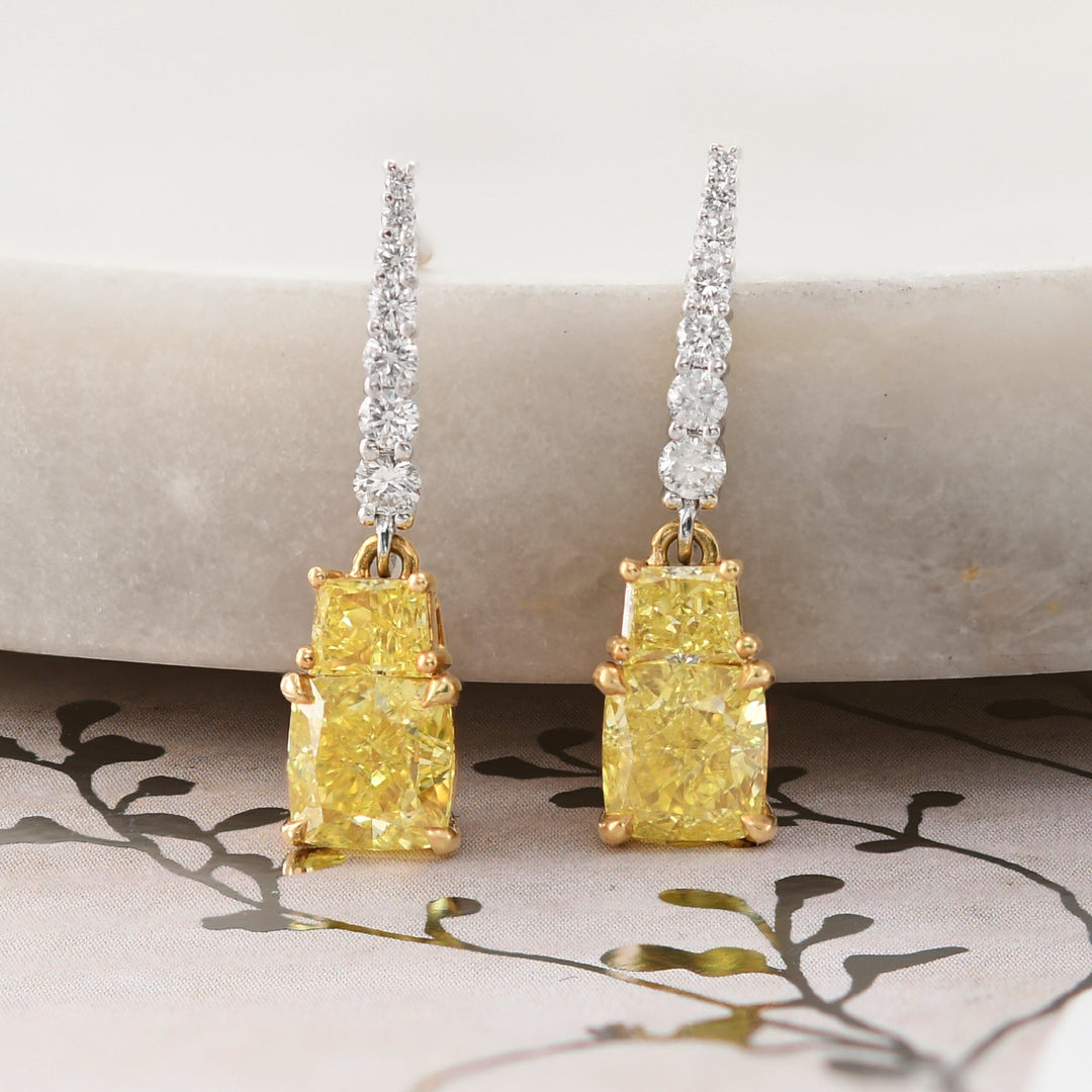 LEIBISH 2.56ct Fancy Yellow Cushion &amp; Taper Diamond Drop Earrings