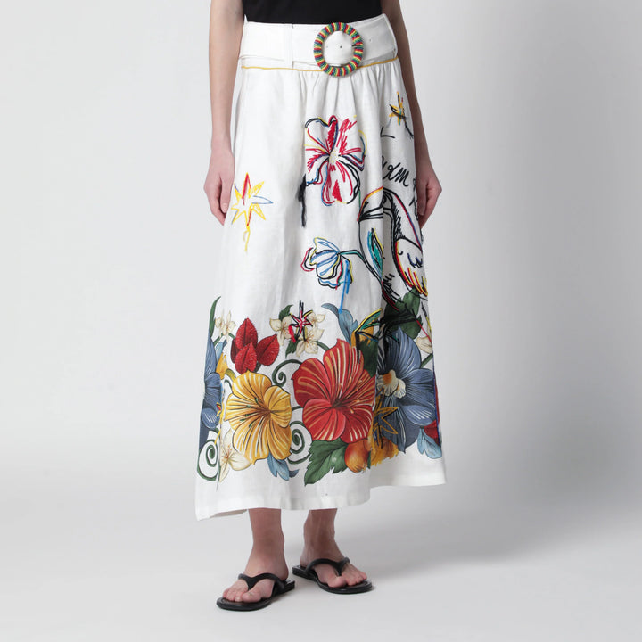 FARM Rio - White linen skirt with tropical embroidery