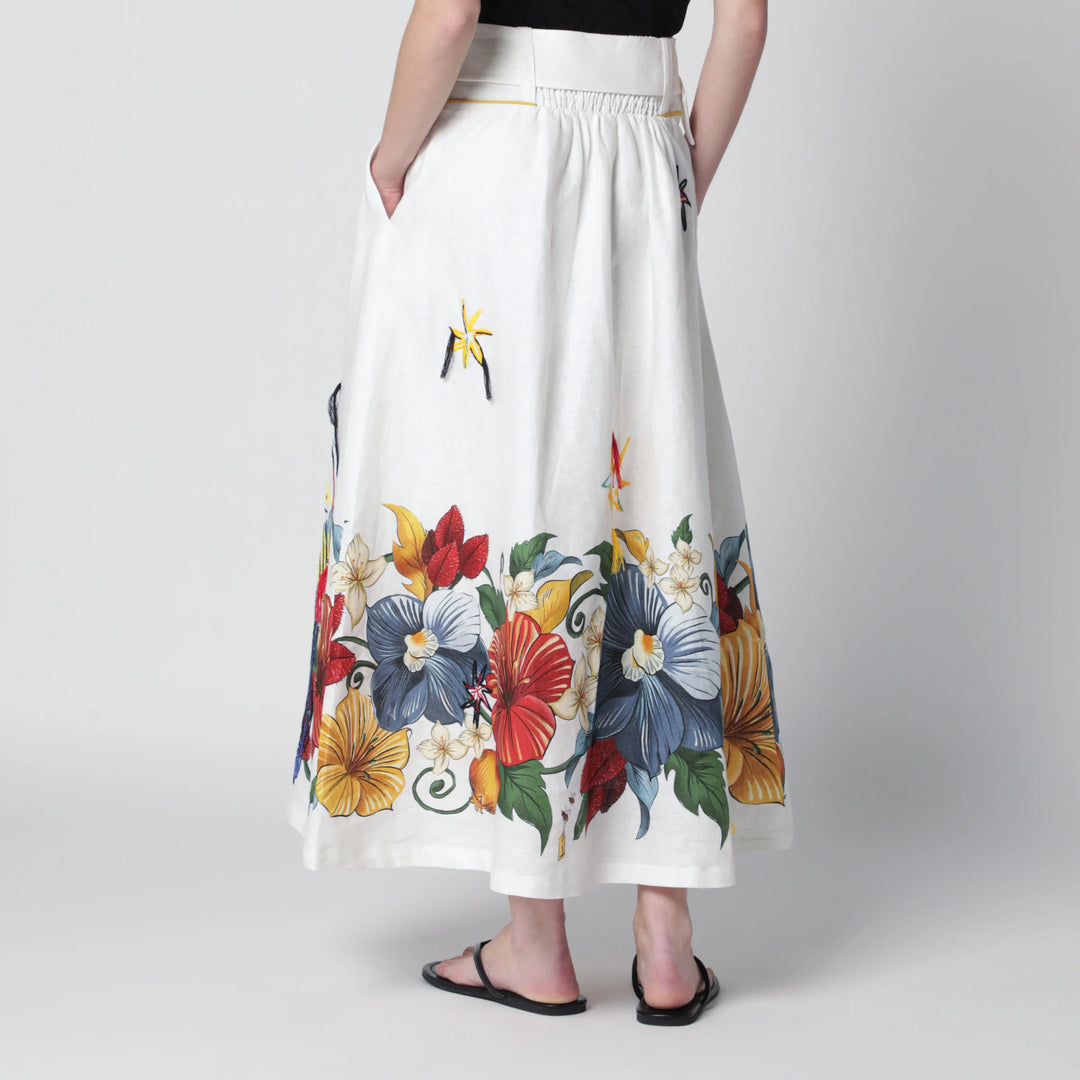 FARM Rio - White linen skirt with tropical embroidery