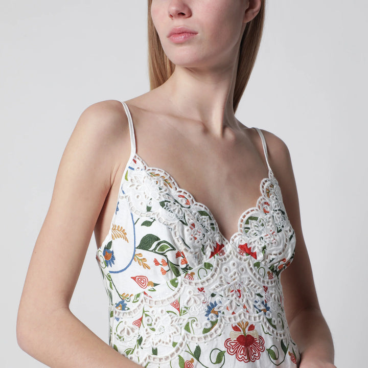 FARM Rio - White midi dress in linen with garden motif