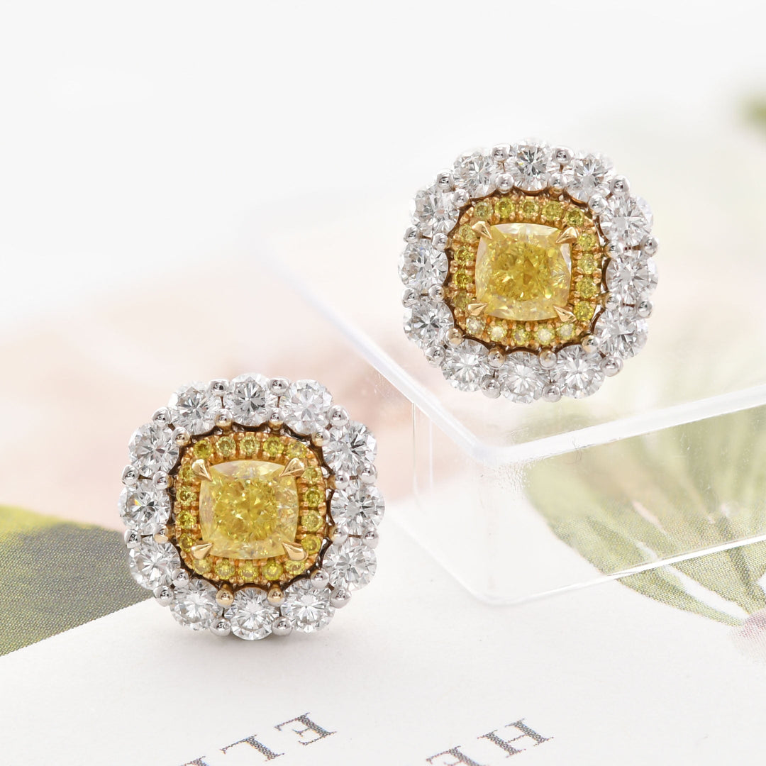LEIBISH 1.15ct Fancy Intense Yellow Cushion Double Halo Earrings