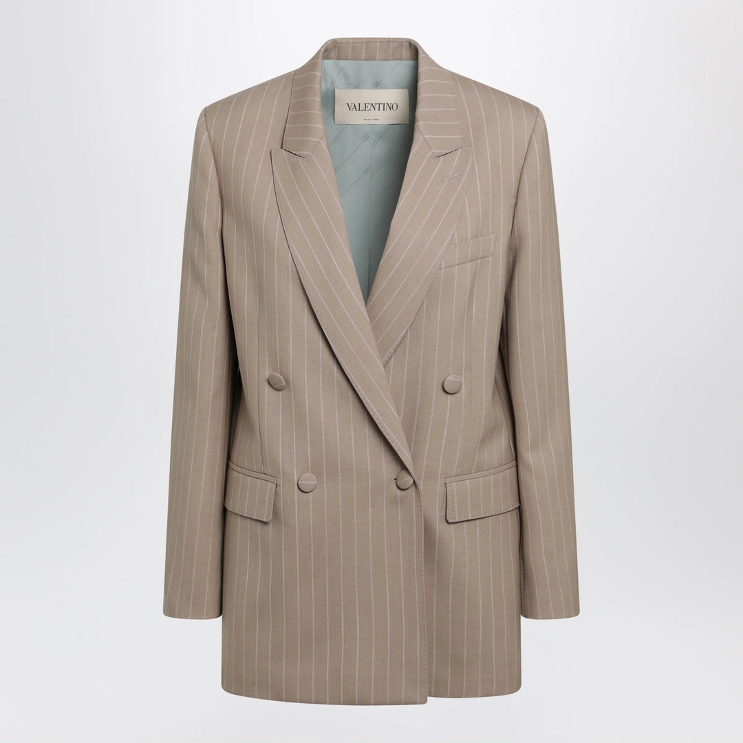 Valentino - Double-Breasted Pinstripe Jacket in Mud/Ivory Virgin Wool