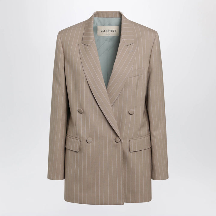 Valentino - Double-Breasted Pinstripe Jacket in Mud/Ivory Virgin Wool