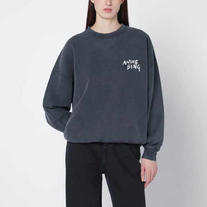 ANINE BING - Black washed oversized sweatshirt with logo Brand Shirts &amp; Tops S