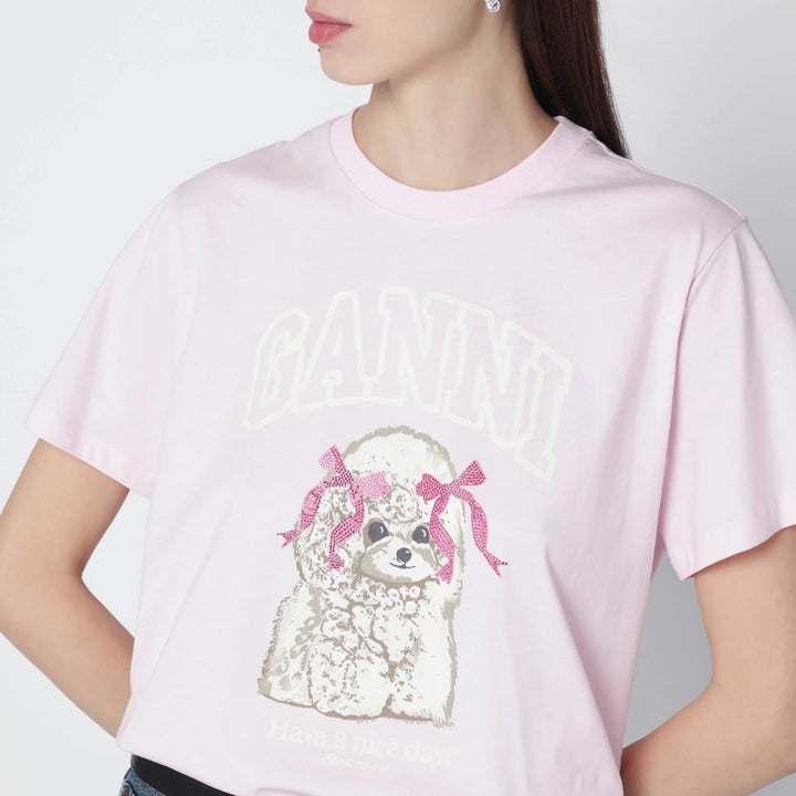 GANNI - Light pink T-shirt with logo print