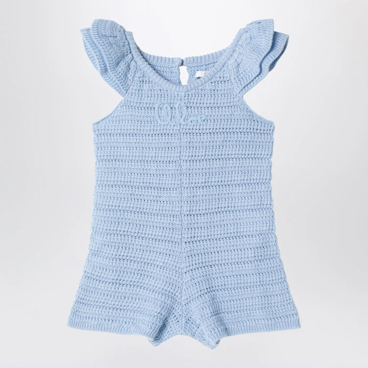 Chloé - Light blue openwork romper with logo embroidery