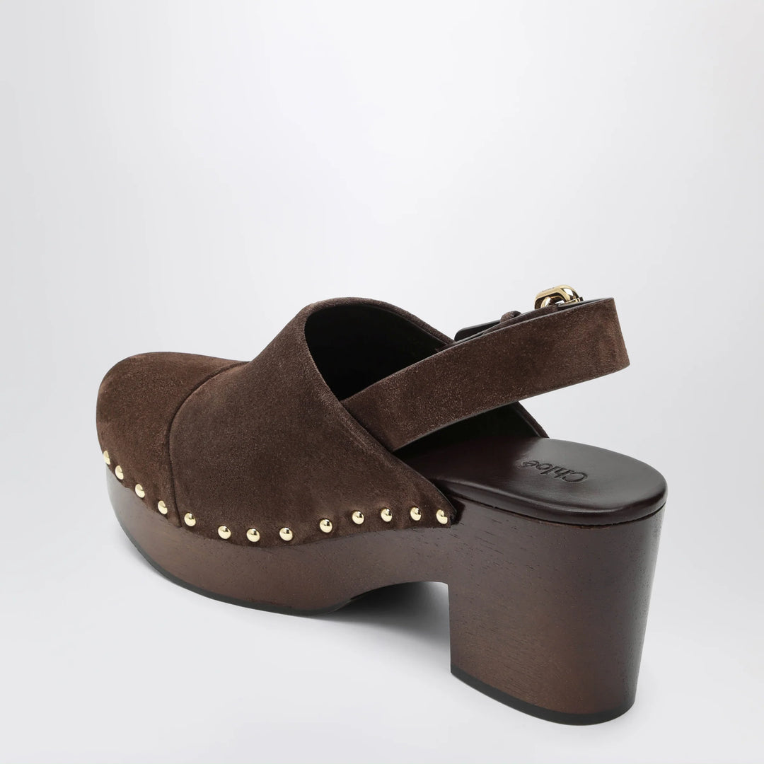 Chloé - Jeannette wedge clogs in suede calfskin, chocolate brown