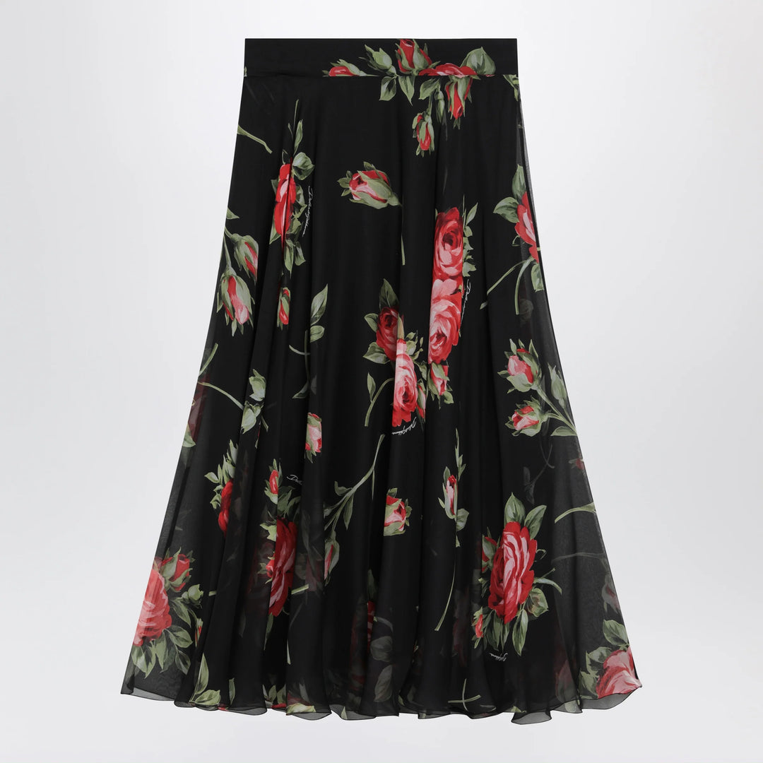 Dolce&amp;Gabbana - Chiffon circle skirt with bouquet rose print, black