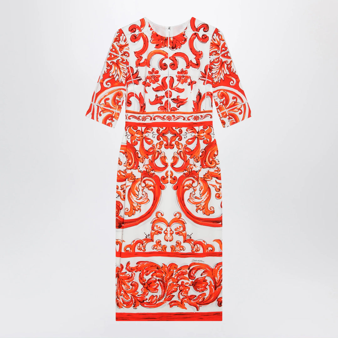 Dolce&amp;Gabbana - Fitted Maiolica-print silk charmeuse dress in orange