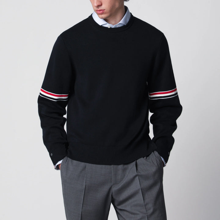 Thom Browne - Navy blue cotton sweater with tricolor details