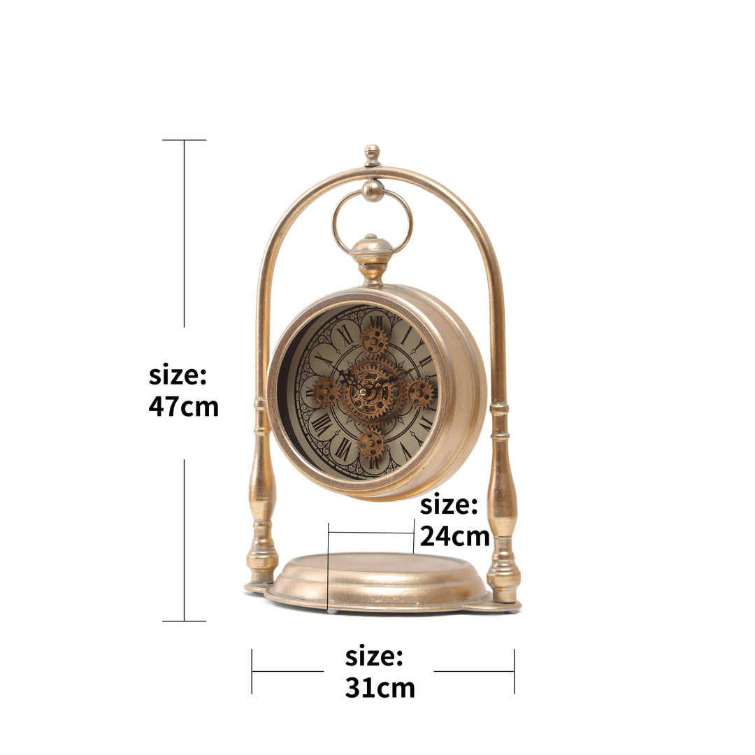 Marrakesh Arch Moving Cogs Table Clock - Metallic Gold Wash