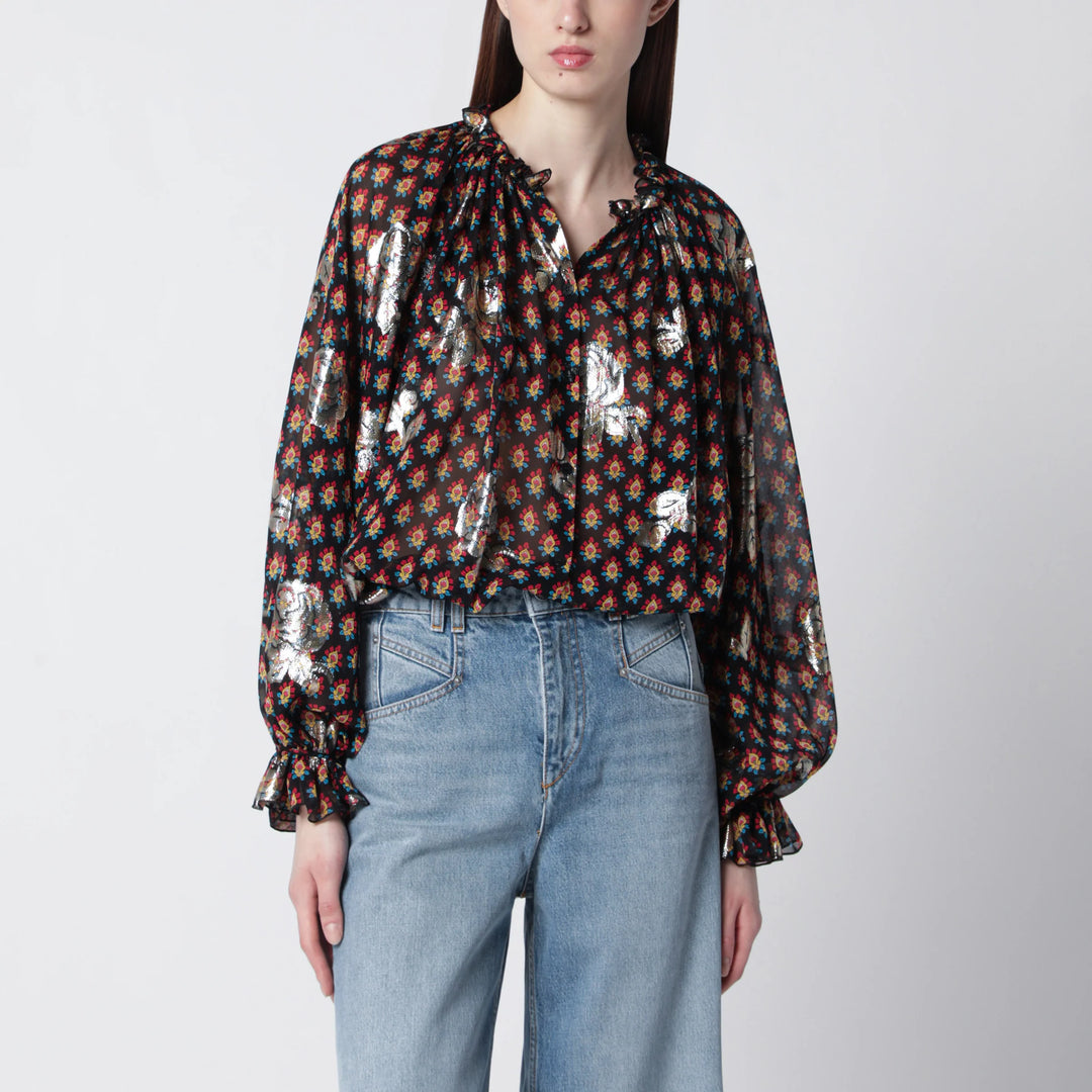 ETRO - Black silk shirt with fil coupé roses