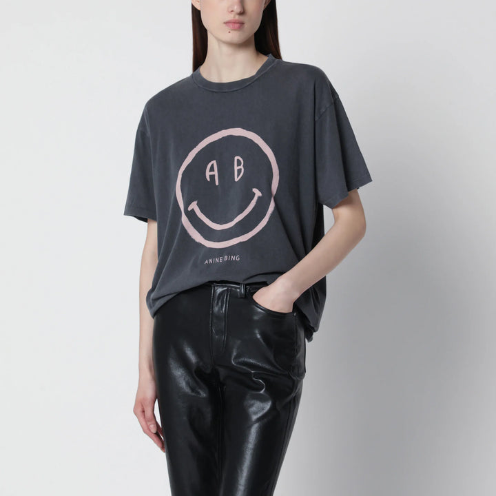 ANINE BING - Cade Tee Smiley graphic cotton T-shirt in Washed Grey Brand Apparel &amp; Accessories > Clothing > Shirts &amp; Tops XS