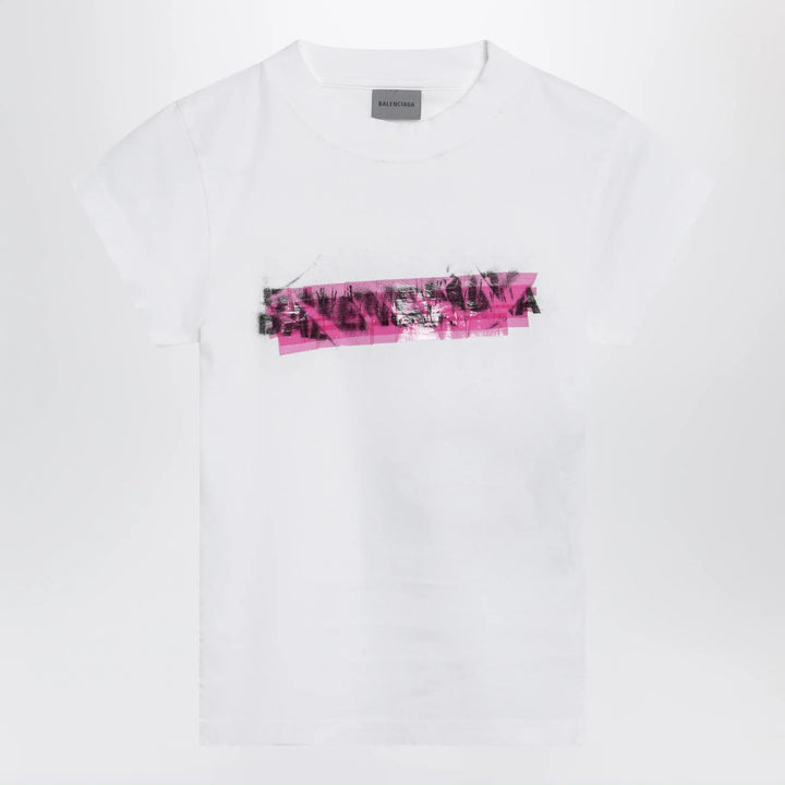 Balenciaga - Messy Spray T-shirt with cut-out back in white cotton Brand Apparel &amp; Accessories > Clothing > Shirts &amp; Tops