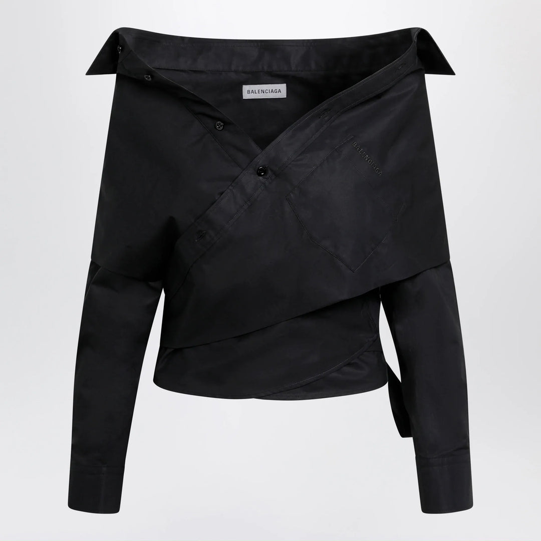 Balenciaga - Off-shoulder wrap shirt in black Brand Apparel & Accessories > Clothing > Shirts & Tops 34  FR