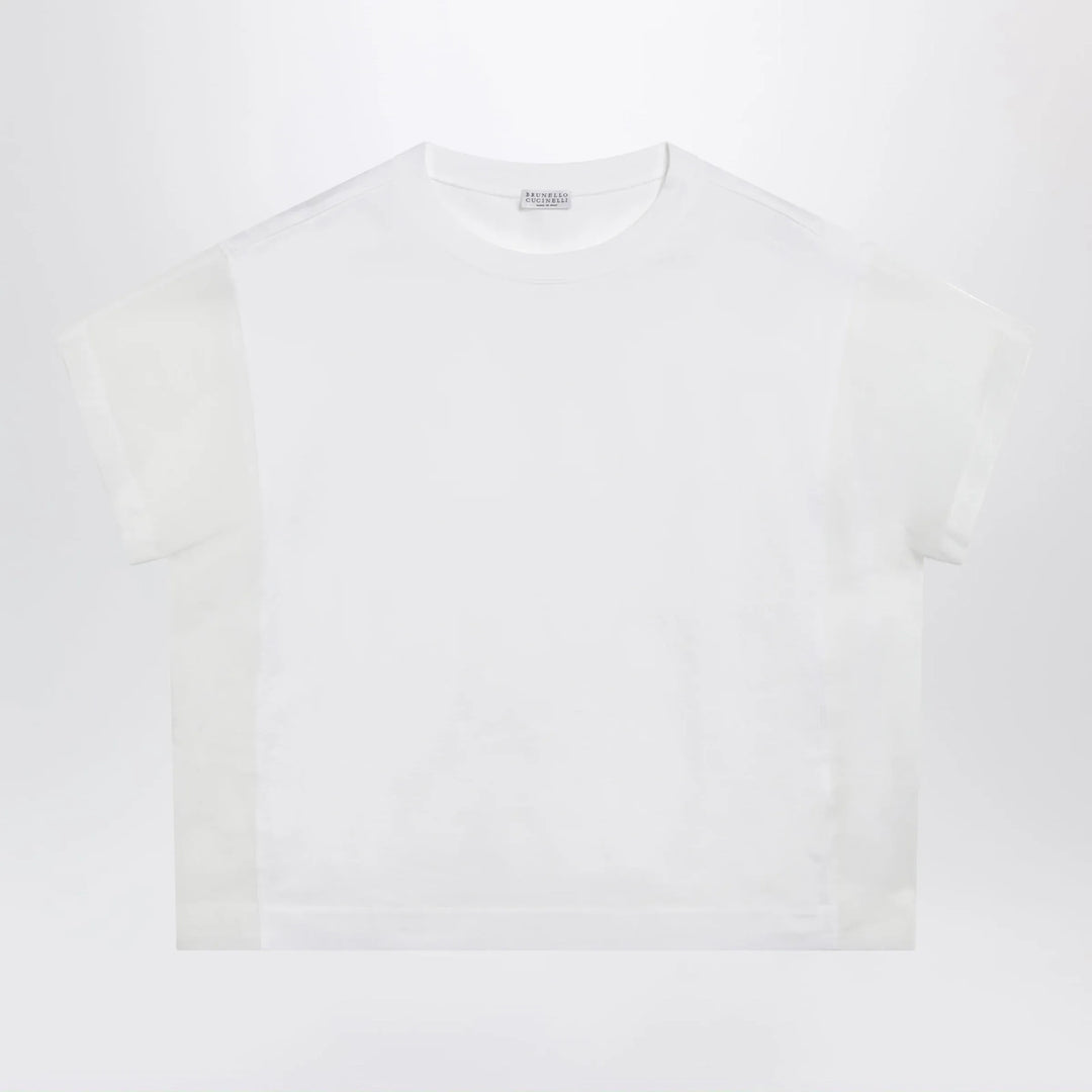 Brunello Cucinelli - T-shirt in cotton jersey and organza in white Brand Apparel &amp; Accessories > Clothing > Shirts &amp; Tops S