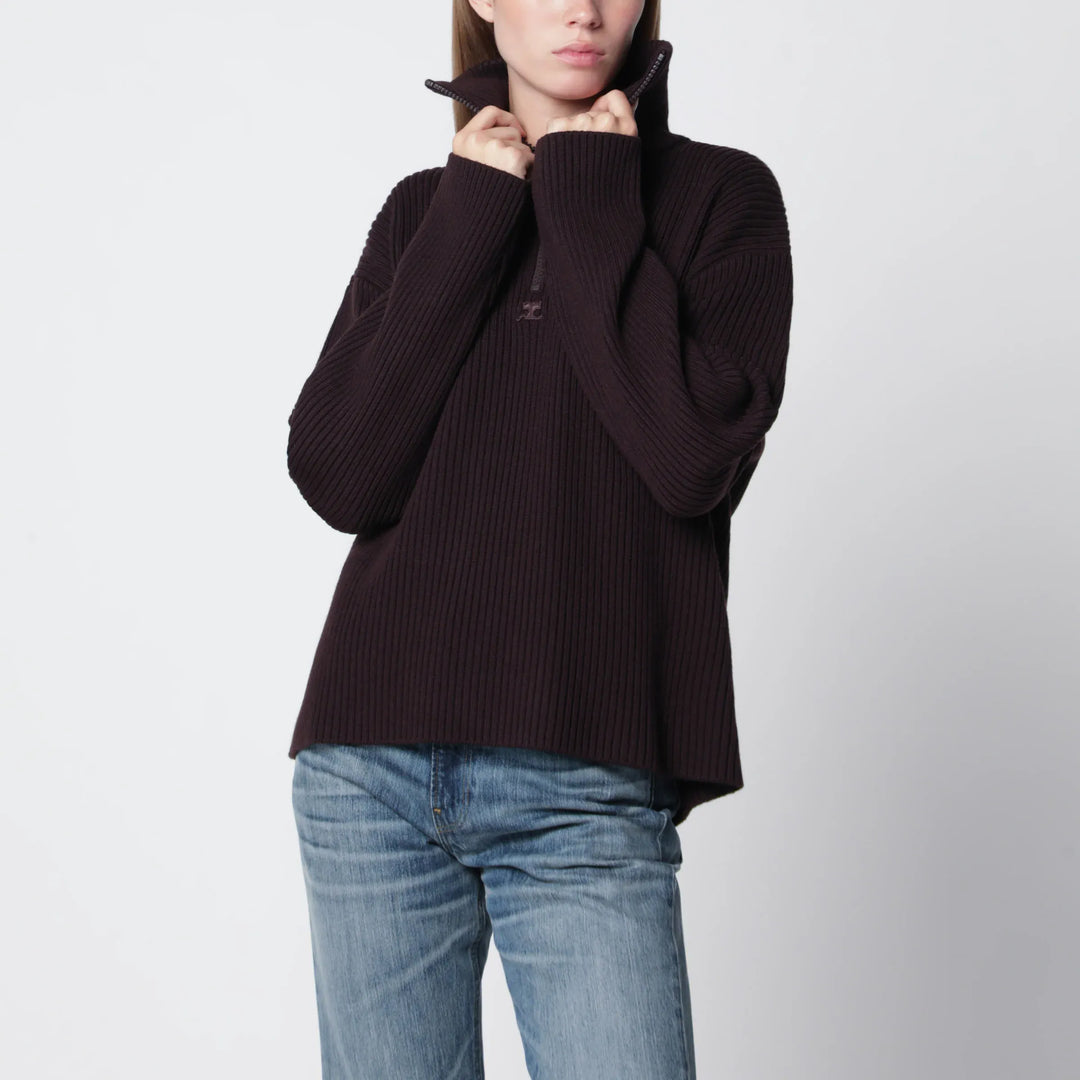 Courrèges - Dark burgundy ribbed zip sweater Brand Apparel & Accessories > Clothing > Shirts & Tops S