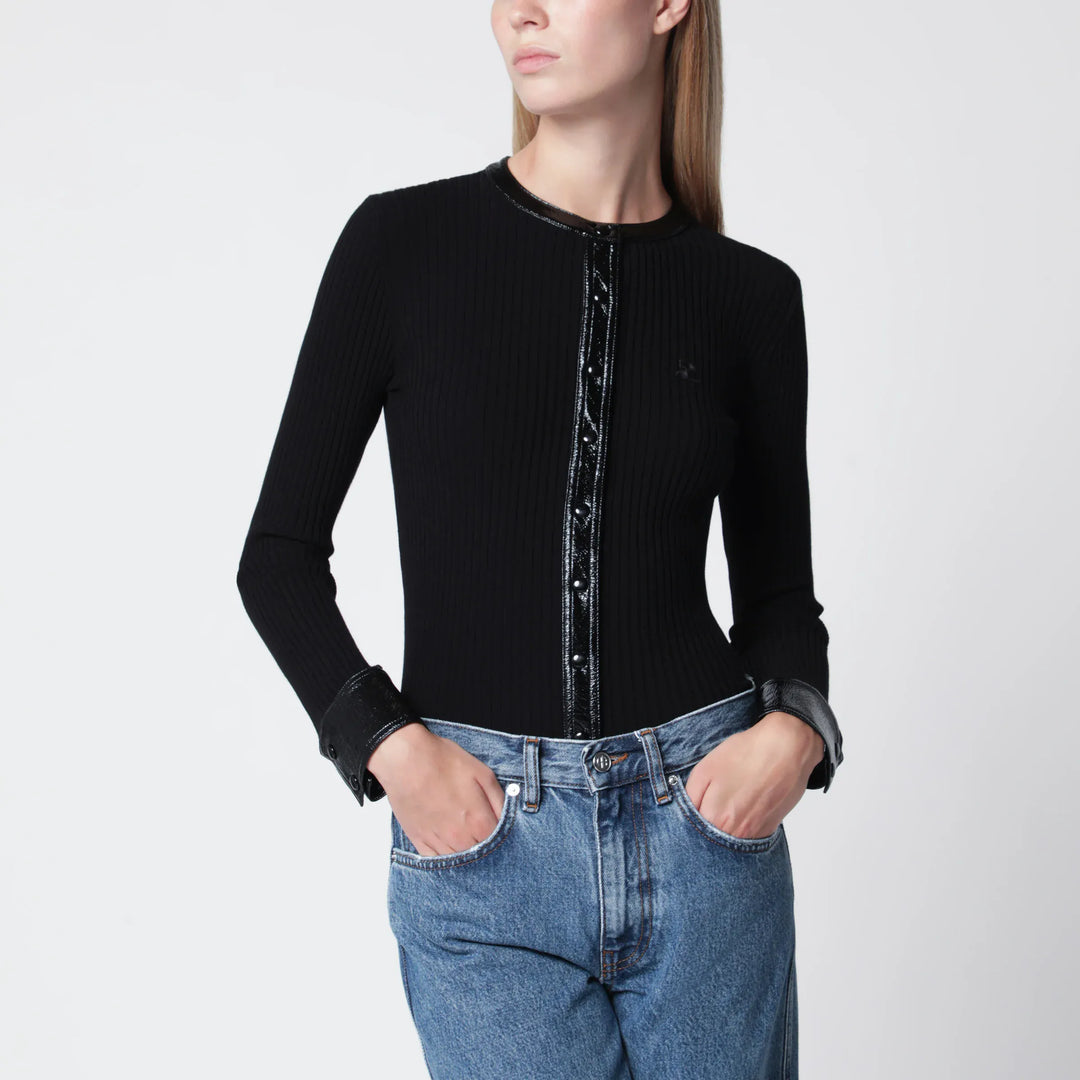 Courrèges - Ribbed viscose-blend cardigan with vinyl trim, black Brand Apparel & Accessories > Clothing > Shirts & Tops M