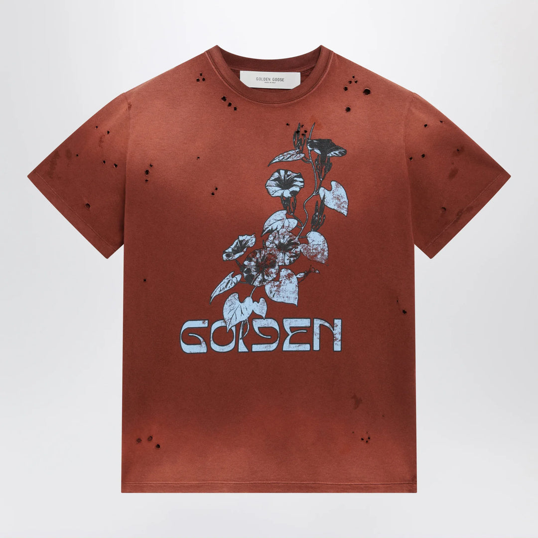 Golden Goose - Rust-colored cotton T-shirt with floral print Brand Apparel & Accessories > Clothing > Shirts & Tops XS