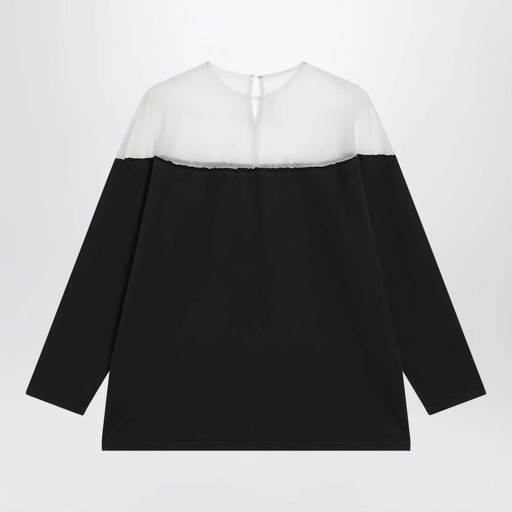 MM6 Maison Margiela - Black top with logo print and sheer insert Brand Apparel & Accessories > Clothing > Shirts & Tops