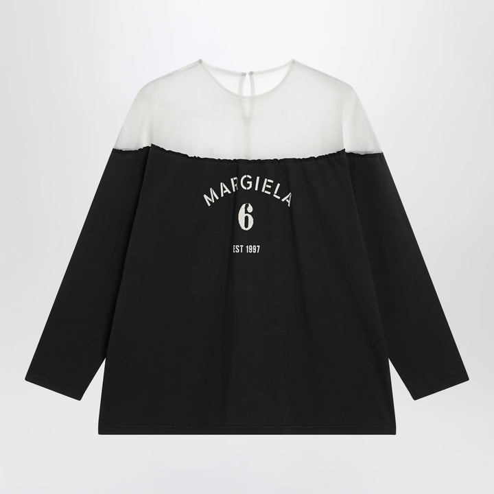 MM6 Maison Margiela - Black top with logo print and sheer insert Brand Apparel &amp; Accessories > Clothing > Shirts &amp; Tops