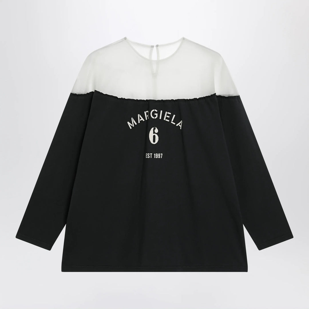 MM6 Maison Margiela - Black top with logo print and sheer insert Brand Apparel &amp; Accessories > Clothing > Shirts &amp; Tops