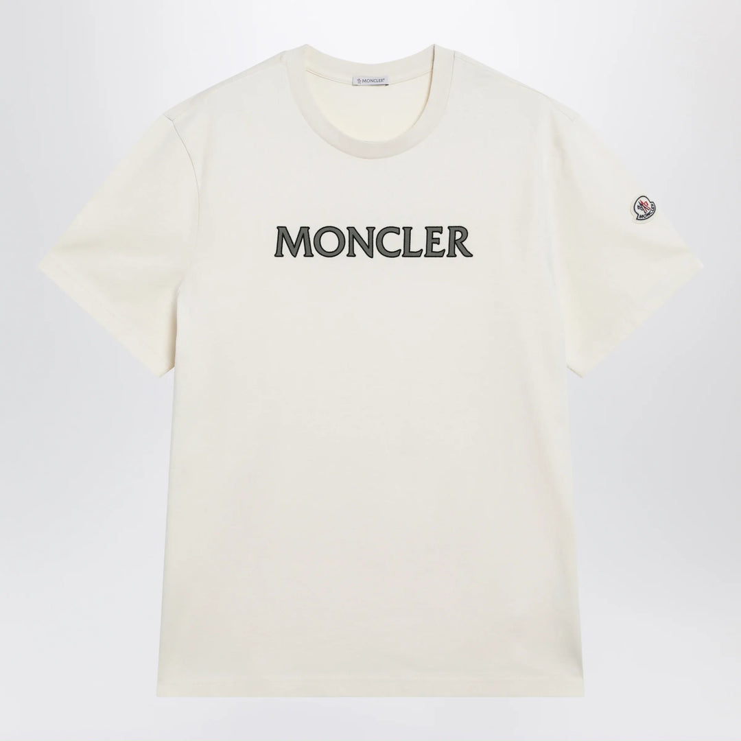 Moncler - Ivory T-shirt with logo print Brand Apparel &amp; Accessories > Clothing > Shirts &amp; Tops M