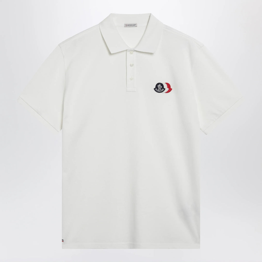 Moncler - White cotton polo shirt with triple crest logo patch Brand Apparel &amp; Accessories > Clothing > Shirts &amp; Tops S