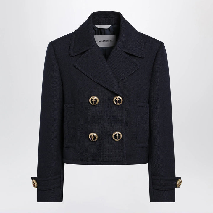 Balenciaga - Cropped caban coat in textured wool, navy Brand 38  FR