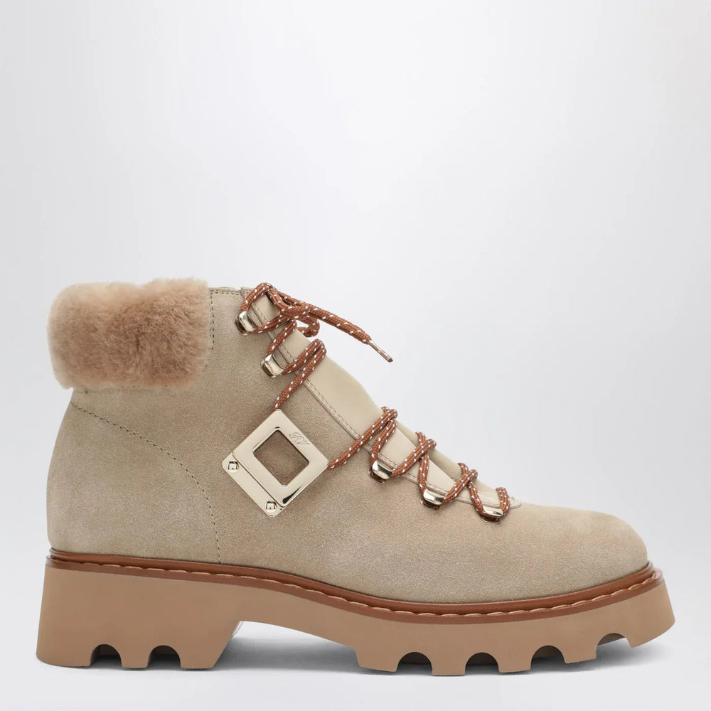 ROGER VIVIER - Viv' Rangers Truck Booties in suede beige Brand Boots 38 IT