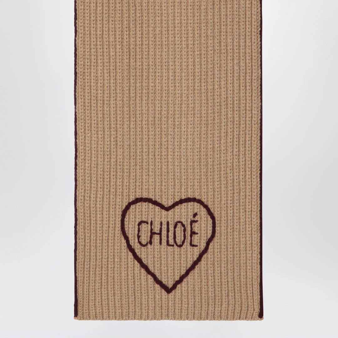 Chloé - Encoeur wool and cashmere scarf in bleached brown Brand U