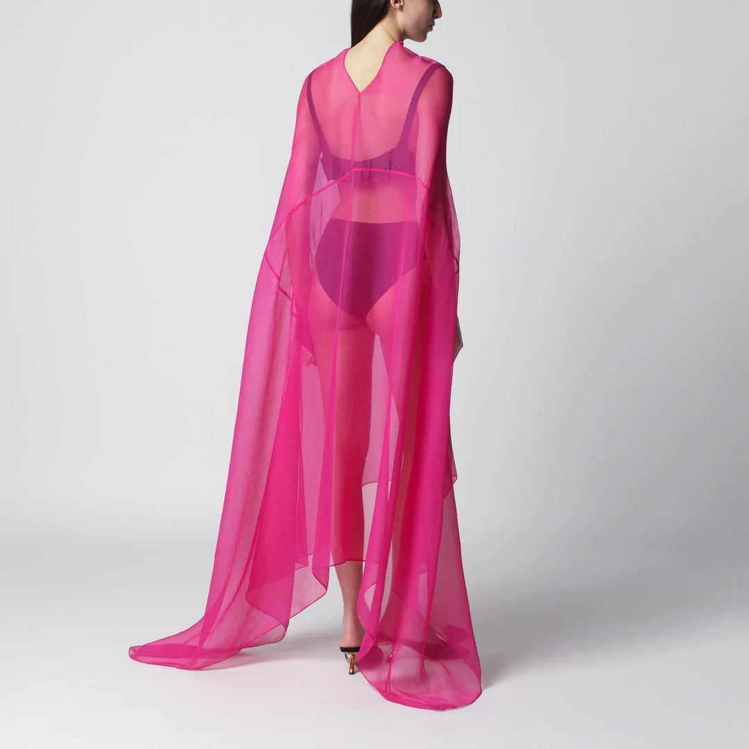 Dries Van Noten - Wide Cape Dress Fuchsia in Sheer Silk Brand Coats &amp; Jackets