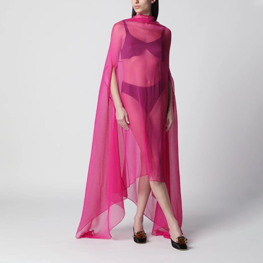 Dries Van Noten - Wide Cape Dress Fuchsia in Sheer Silk Brand Coats & Jackets S