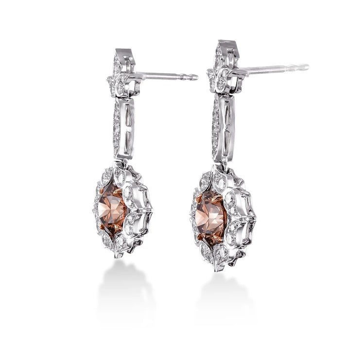 18K White and Rose Gold Fancy Brown Drop Halo Earrings Brand Earrings