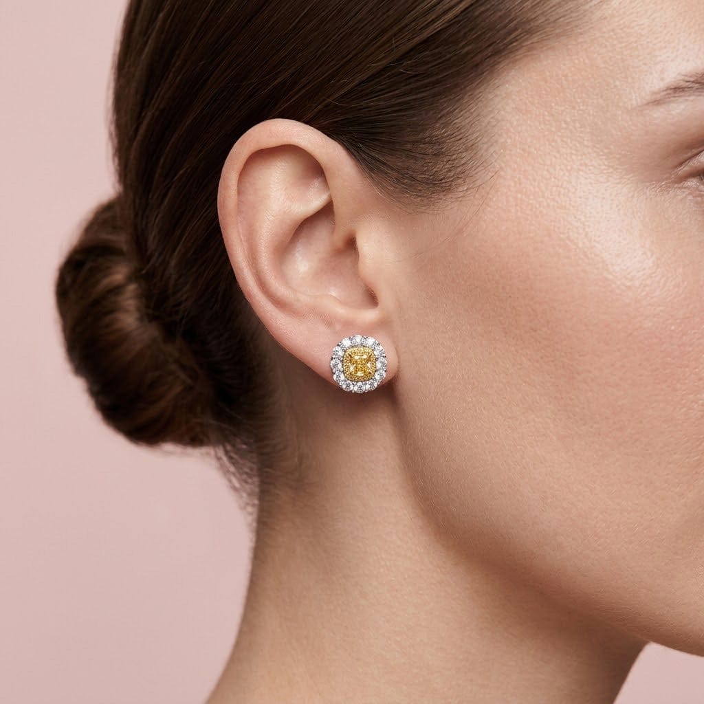 LEIBISH 1.15ct Fancy Intense Yellow Cushion Double Halo Earrings Brand Earrings