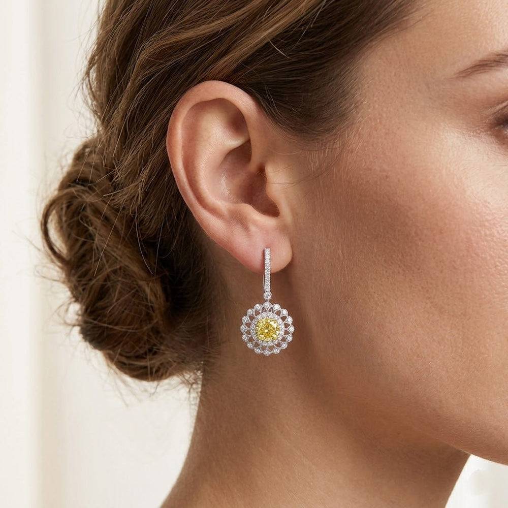 LEIBISH 1.55ct Fancy Yellow Round Brilliant Halo Drop Earrings Brand Earrings