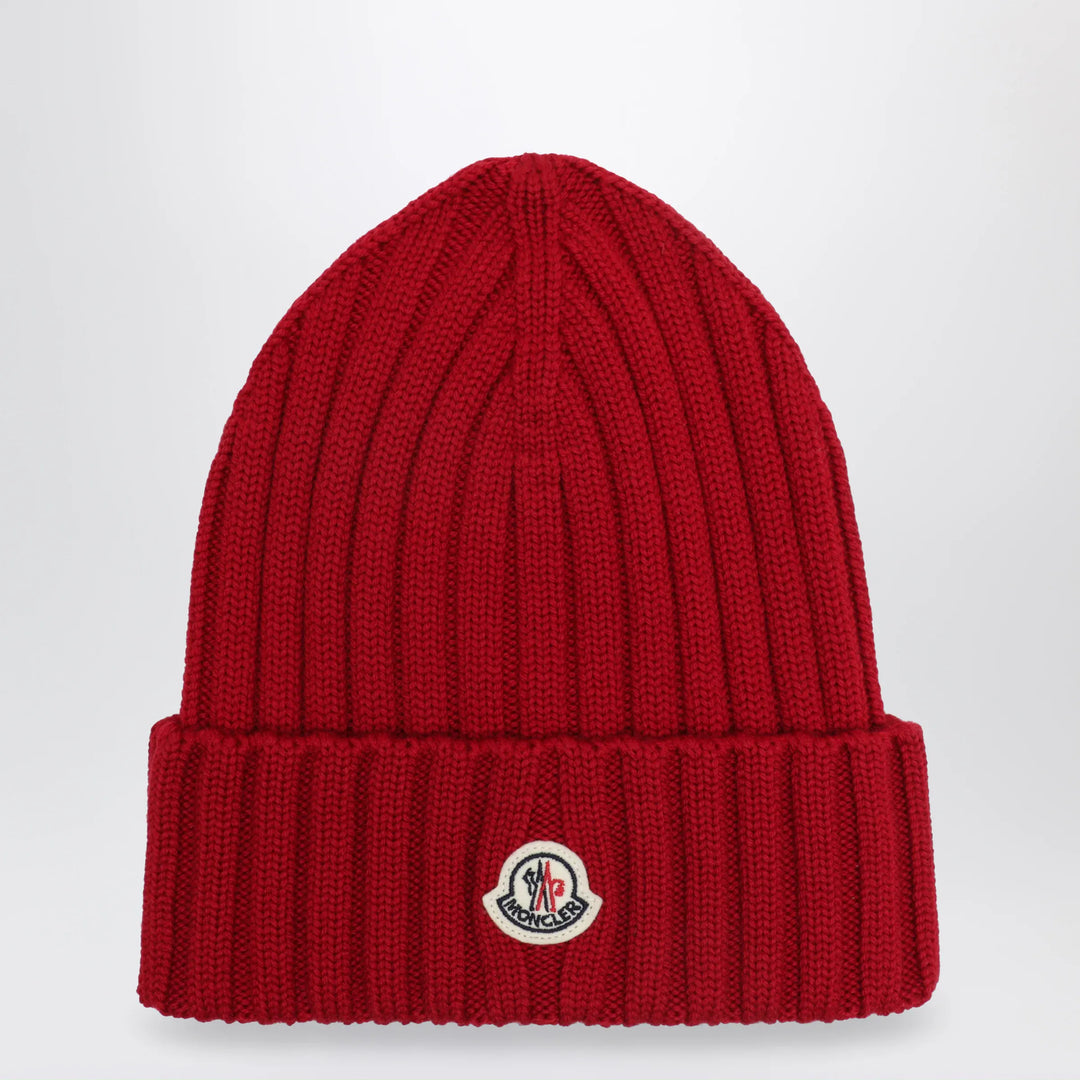 Moncler - Cable-knit wool beanie with logo in burgundy Brand U