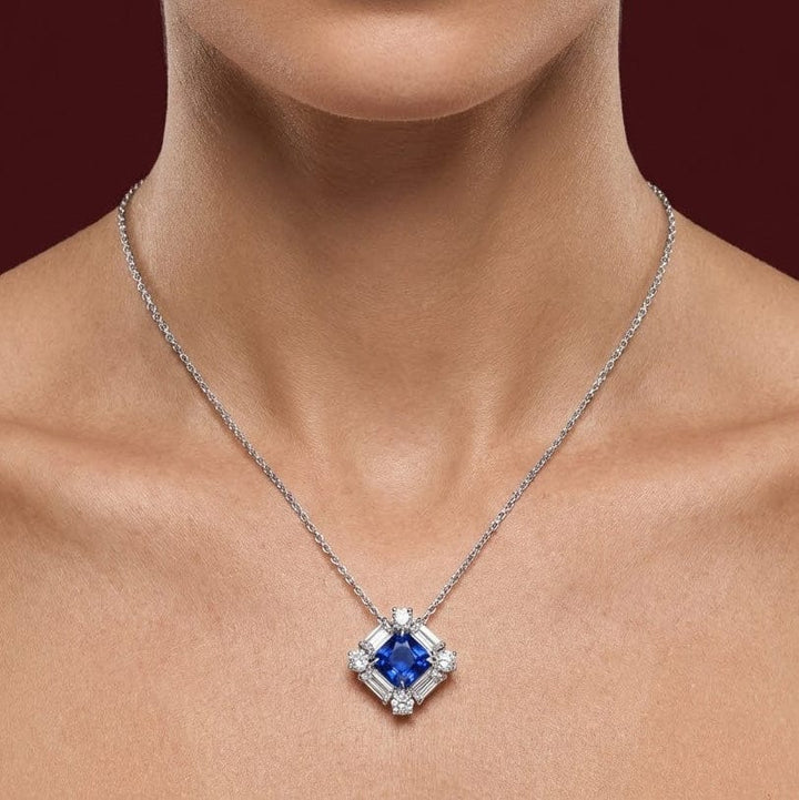 LEIBISH 0.66ct Round Blue Sapphire &amp; Baguette Diamond Pendant Brand Necklace