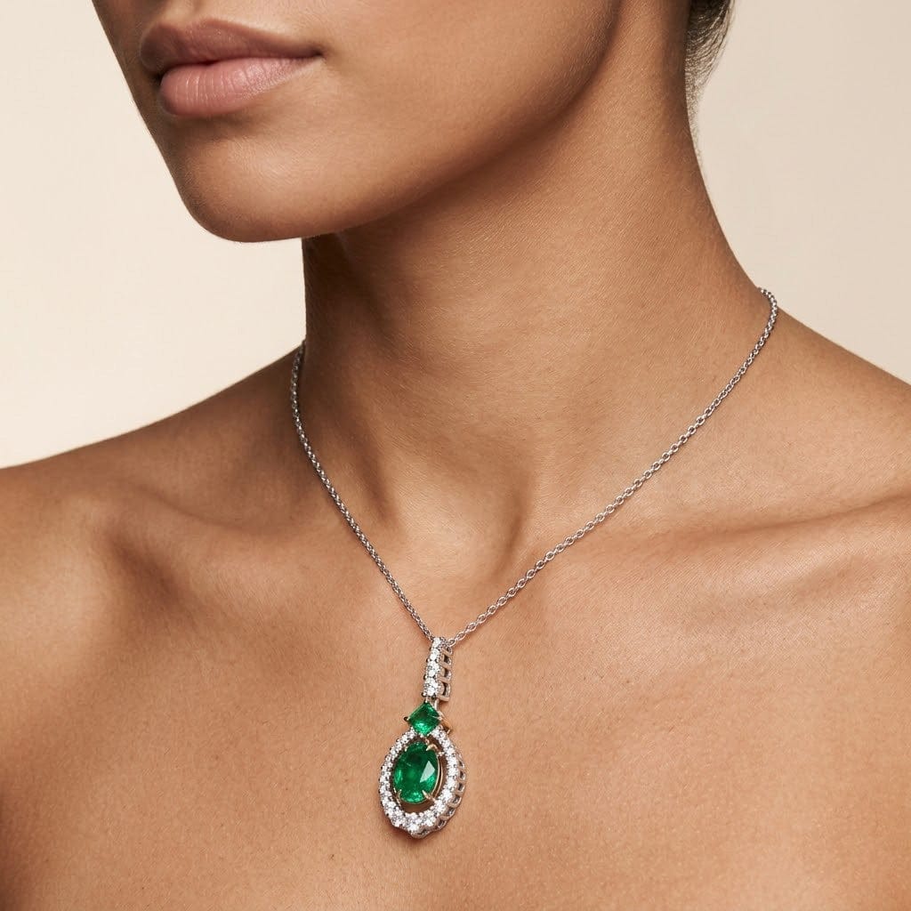 LEIBISH Oval Muzo Emerald &amp; Diamond Floating Halo Pendant Brand Necklace