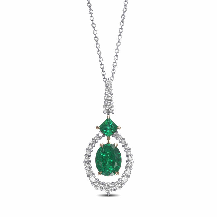 LEIBISH Oval Muzo Emerald &amp; Diamond Floating Halo Pendant Brand Necklace