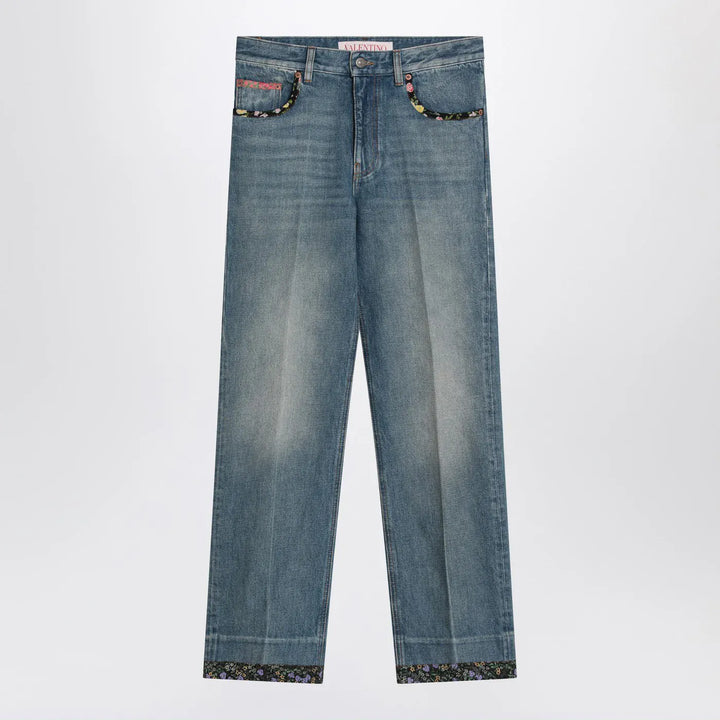 Valentino - Washed blue jeans with floral fabric trims Brand Pants 28