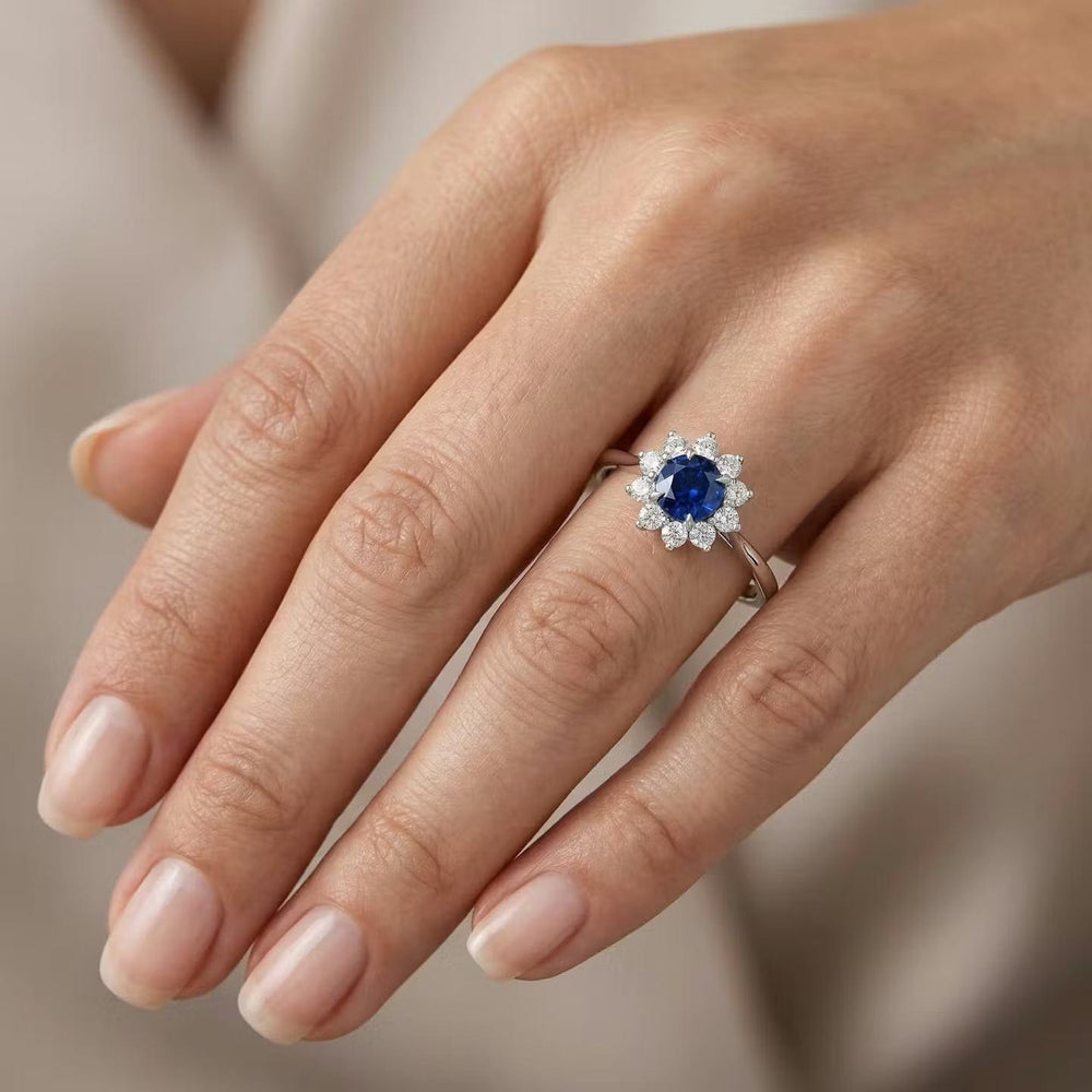 LEIBISH 0.76ct Round Blue Sapphire Floral Halo Ring Brand Ring