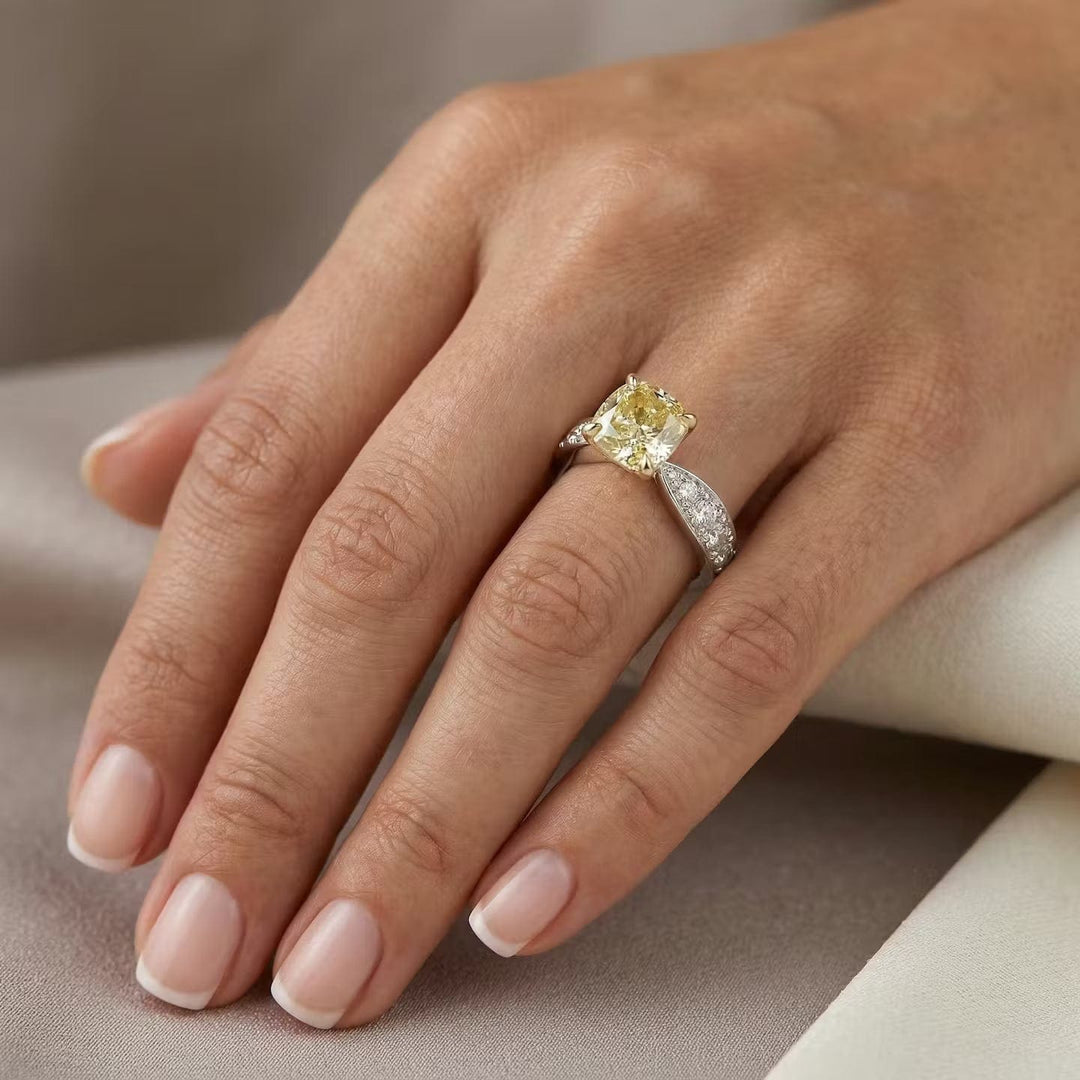 LEIBISH 1.00ct Fancy Yellow Cushion Diamond Side-Stone Ring Brand Ring