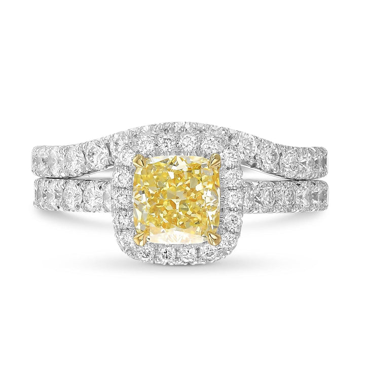 LEIBISH 1.01ct Fancy Light Yellow Cushion Halo Diamond Ring Set Brand Ring