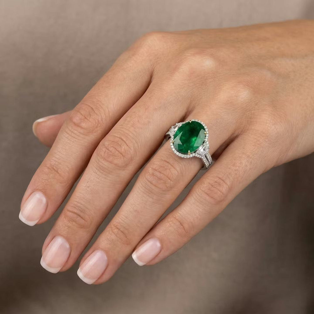 LEIBISH Muzo Emerald & Cadillac Diamond Three-Stone Halo Ring Brand Ring